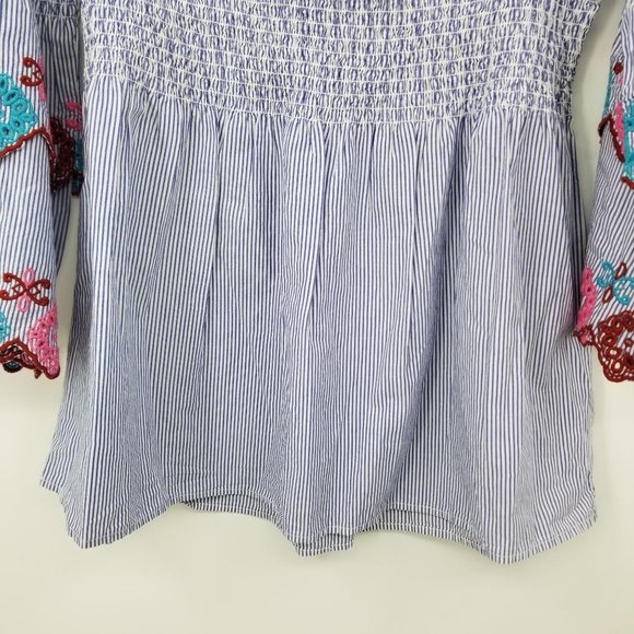 Loft Ann Taylor Blue and White Striped Smocked Top Shirt Size Medium Petite - Picture 8 of 10